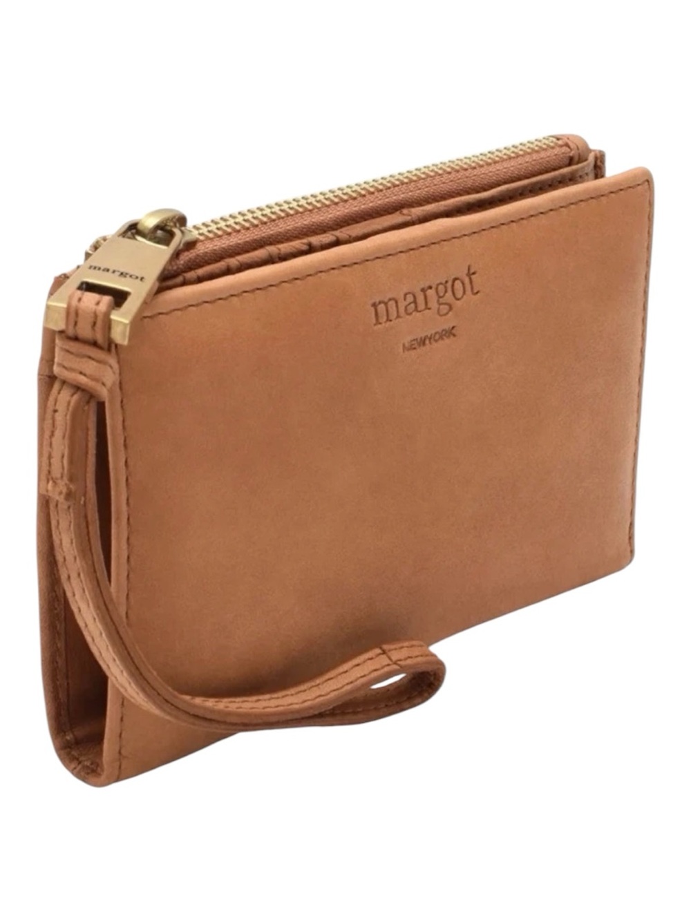 NWT Margot New York Tori Bi-Fold Wallet Wristlet Cognac Brown Leather Strap $85